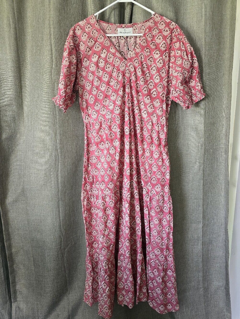 The Fox & The Mermaid Pink Floral Tiered Maxi Dress Short Puff Sleeves Pockets